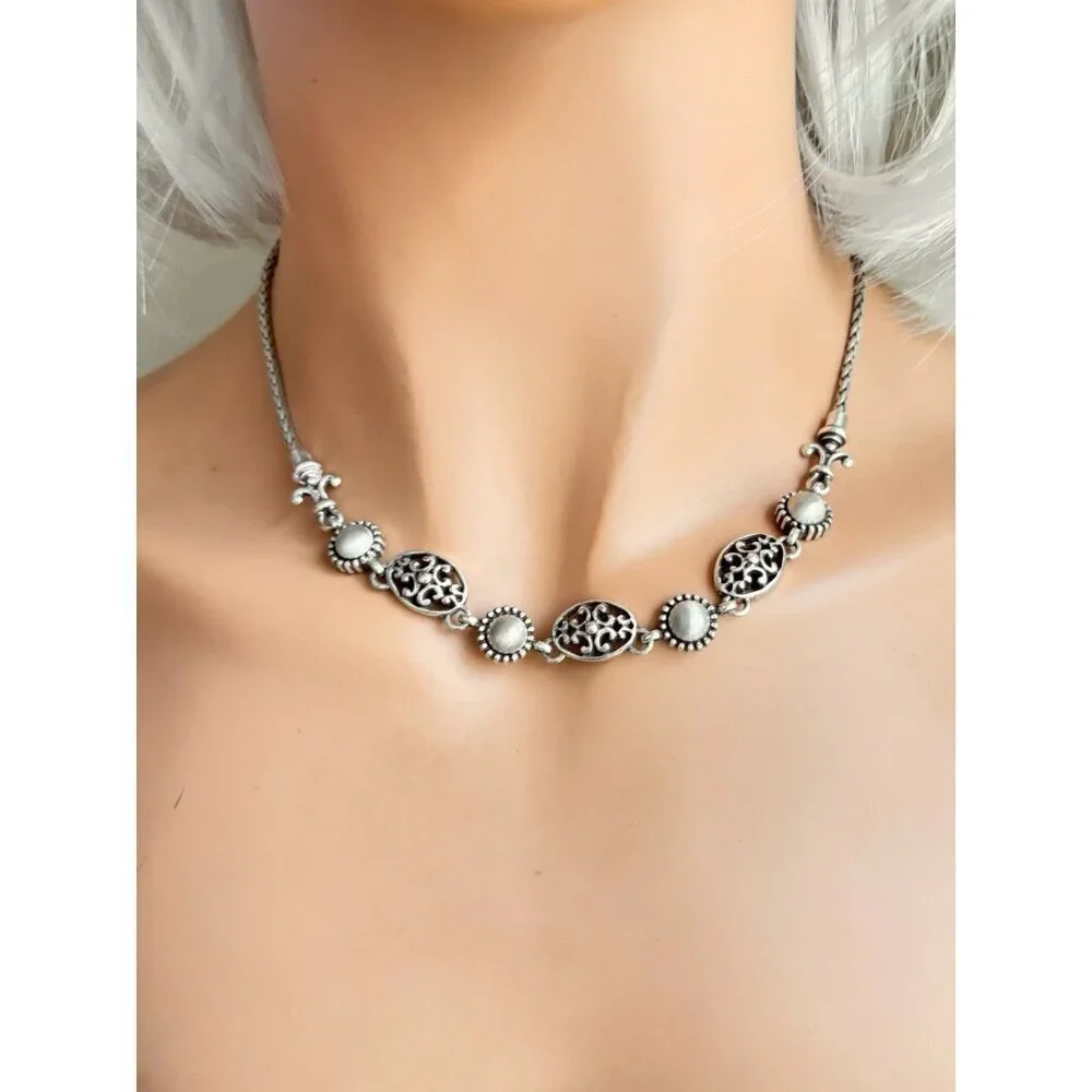 Brighton BARCELONA Silver Cut-Out Scrolled Oval Brushed Links Necklace.